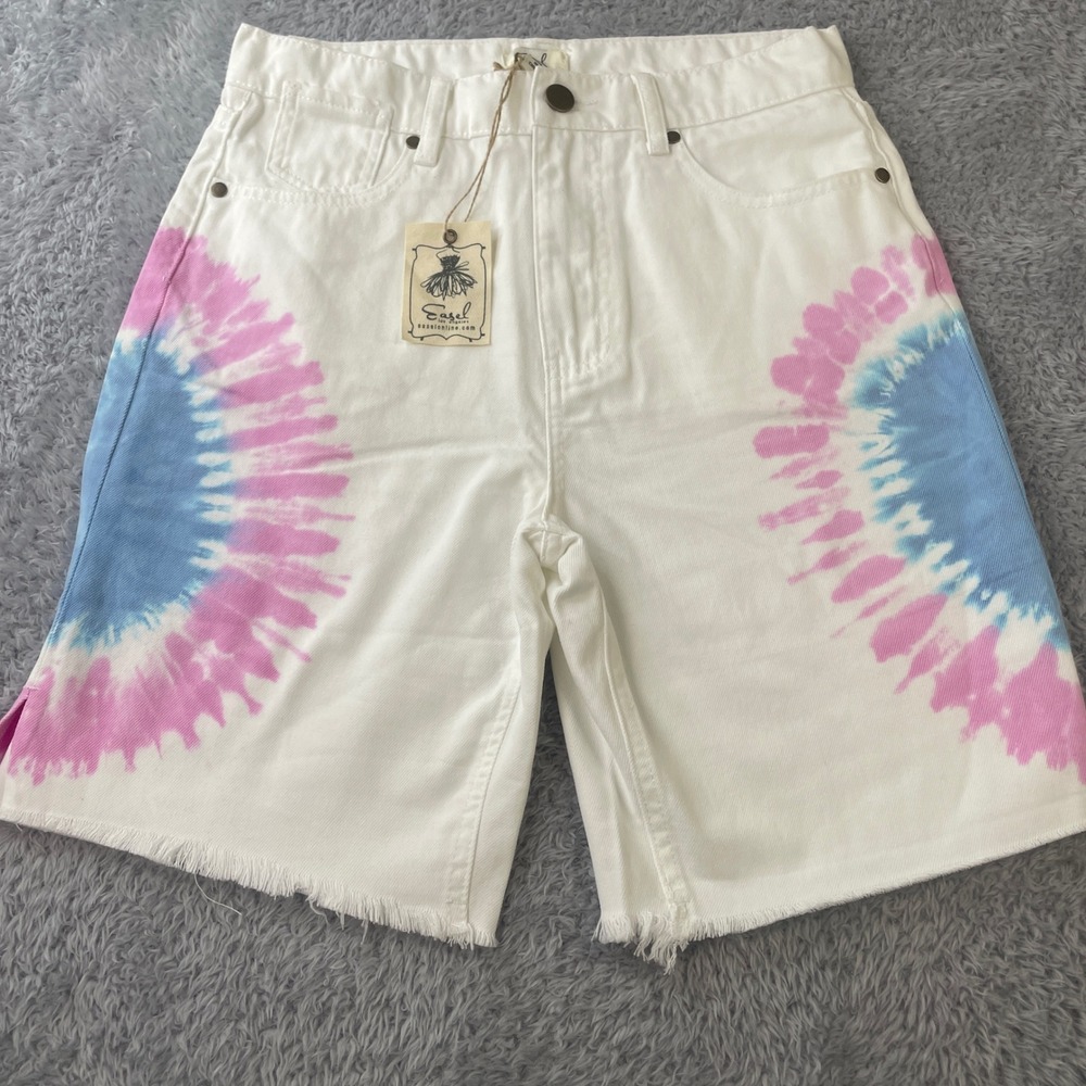 Easel Denim Shorts Womens Medium White Tie Dye Pink Blue Raw Hem Festival BOHO